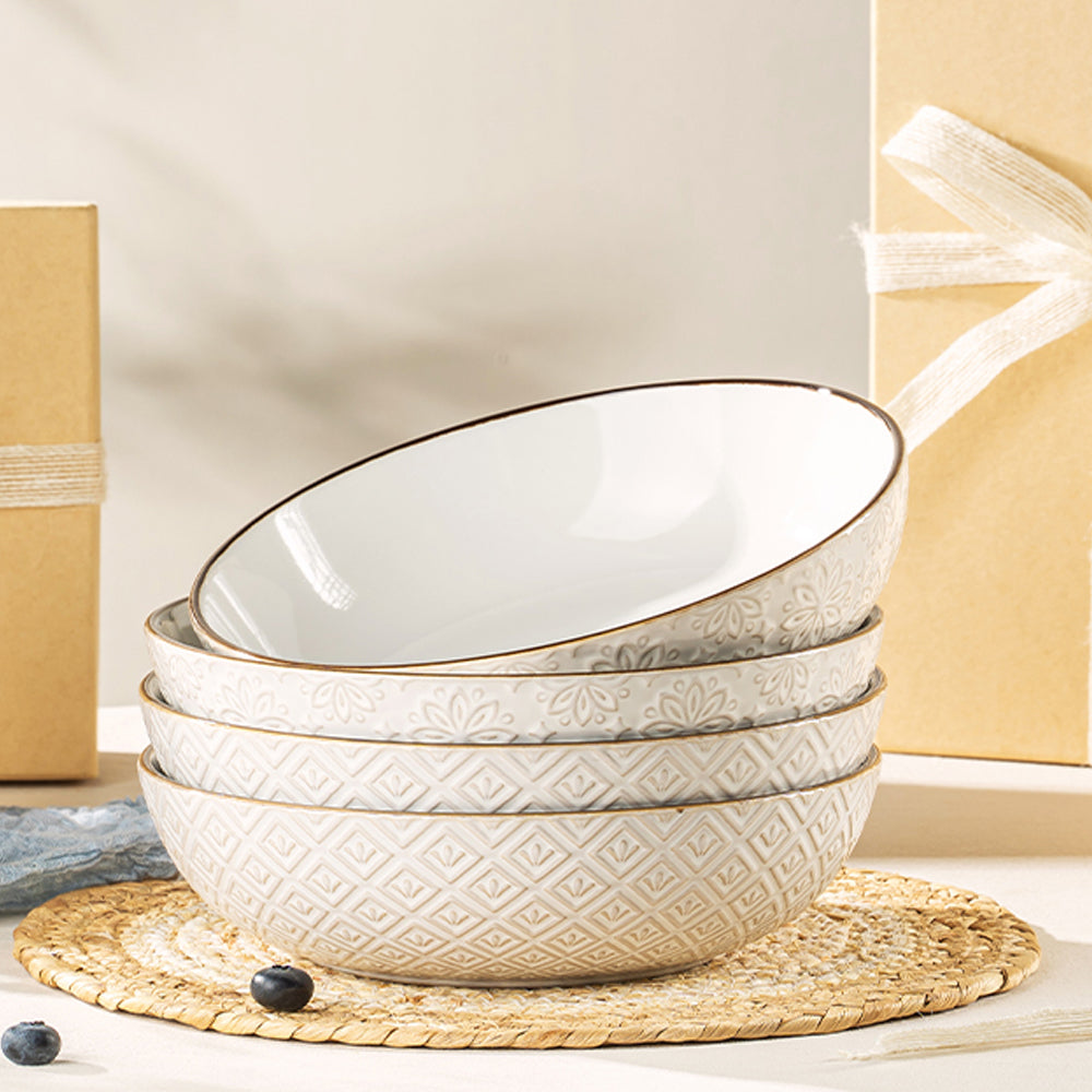 Dafuceramic Bols à Pâtes 21,5 cm, 1 L Bols de Service, Lot de 4 Bols à Salade en Céramique Empilables et Robustes, Idéal pour Cadeau de Maison ou Fêtes, Blanc Multicolore