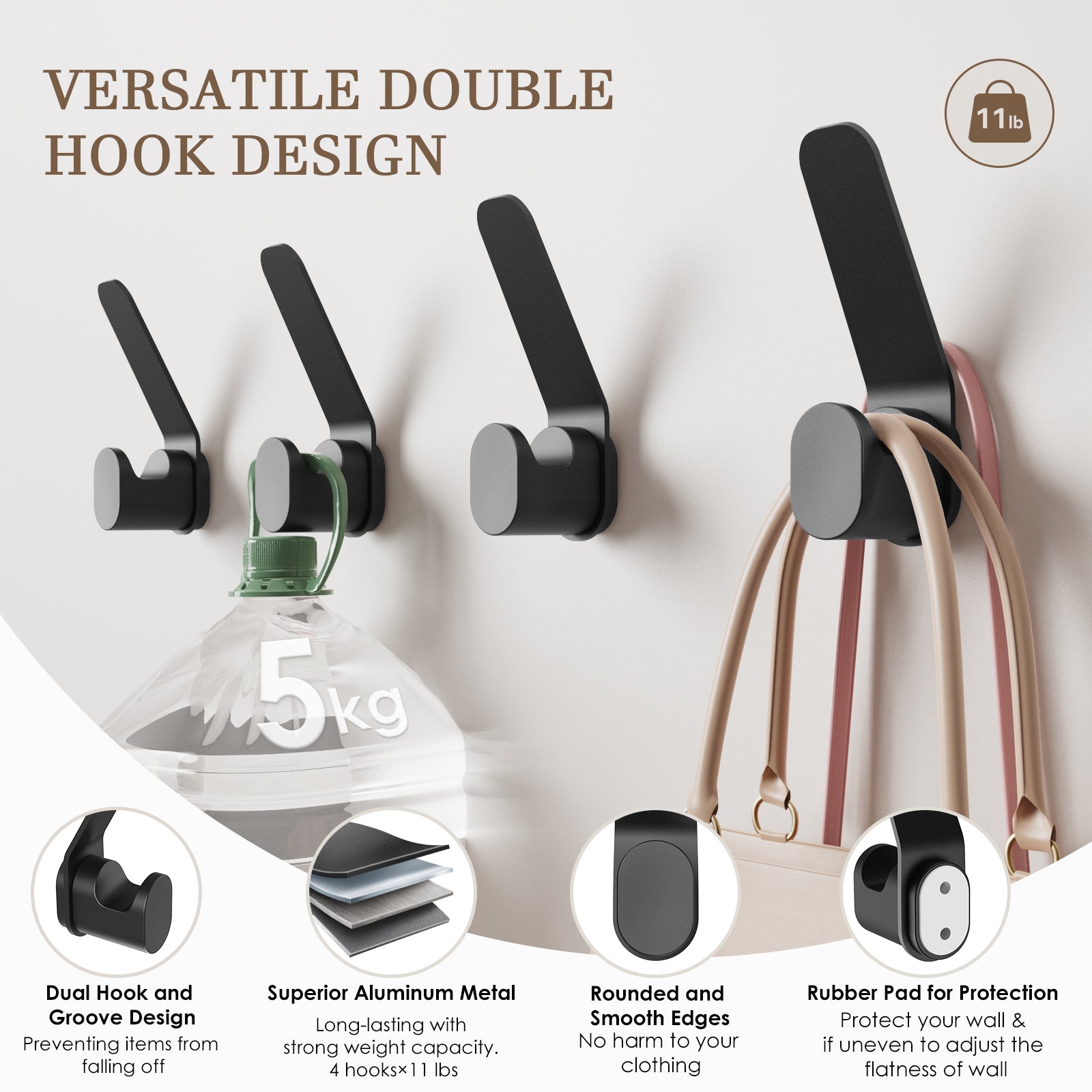 KAPANOU Lot de 8 crochets muraux double face en métal robuste, crochets décoratifs modernes en aluminium pour suspendre manteaux, serviettes et chapeaux (noir), Vente de fin d’année