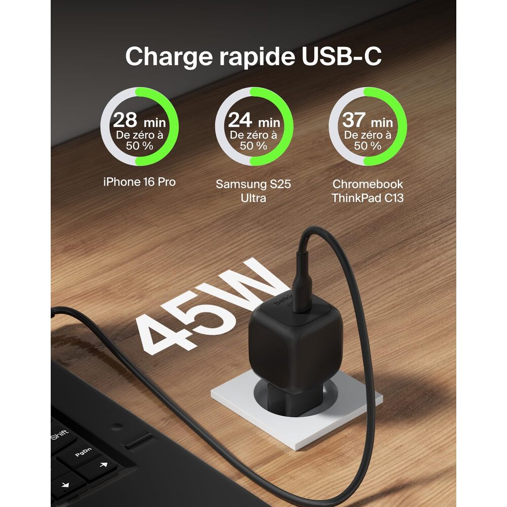Belkin BoostCharge 45 W Chargeur Compact avec Câble de Charge Rapide USB-C vers USB-C (Prend en Charge iPhone 16/15/14, Galaxy S25/S24, Pixel 9, iPad, AirPods, etc., Noir)