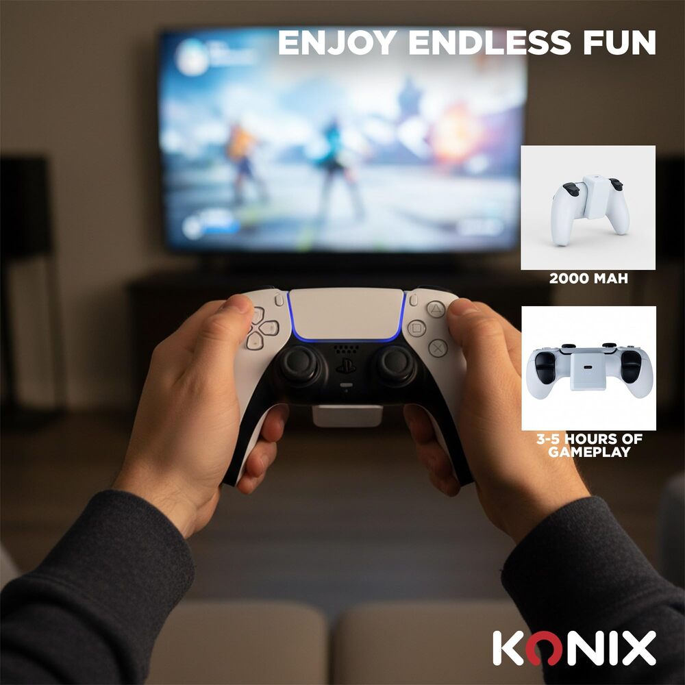Konix Batterie externe pour manette DualSense PS5 - Indicateur de charge LED - 10 modes d'éclairage RVB - Noir