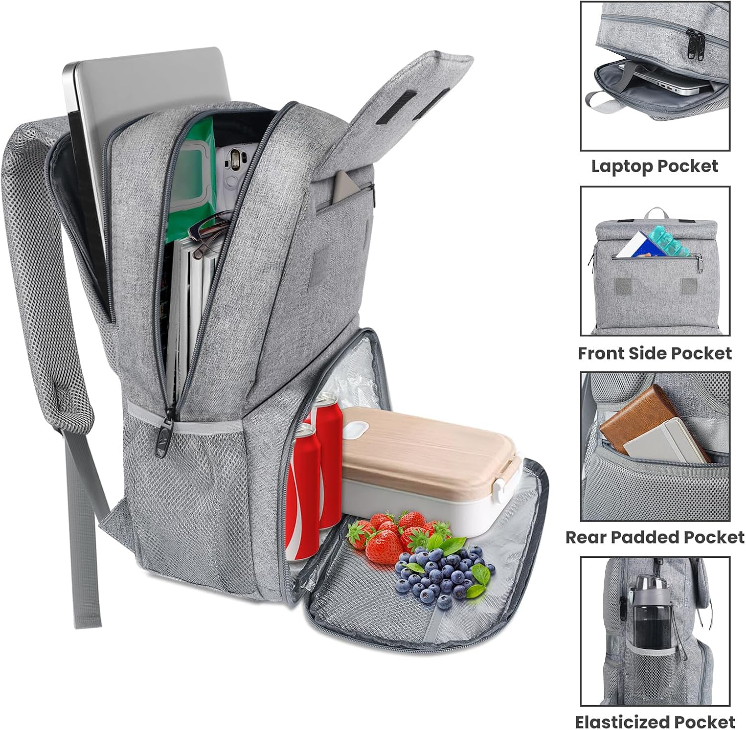 Sac à dos avec sac déjeuner isotherme pour femme, Sac de voyage pour ordinateur résistant à l'eau, Sac à dos universitaire, Compatible avec ordinateur portable 15,6 po