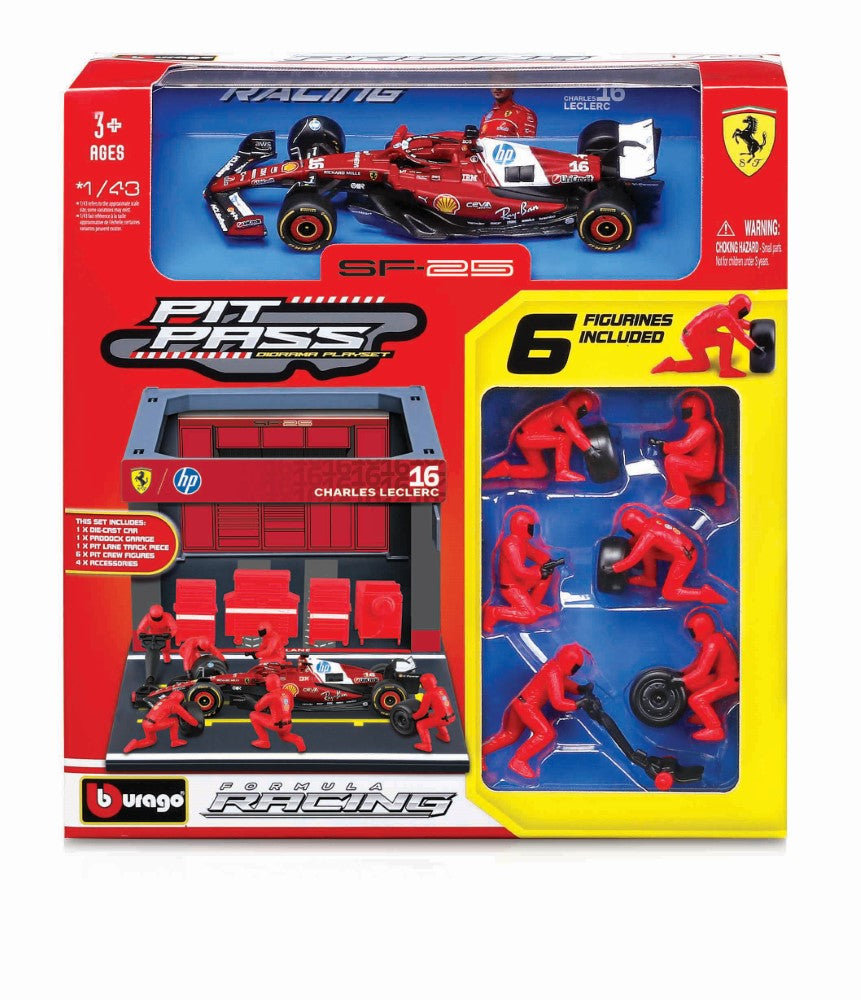 1/43 Bburago Pit-Stop Ferrari SF 25 (véhicule + figurines de mécaniciens + paddock + accessoires) #16 Leclerc