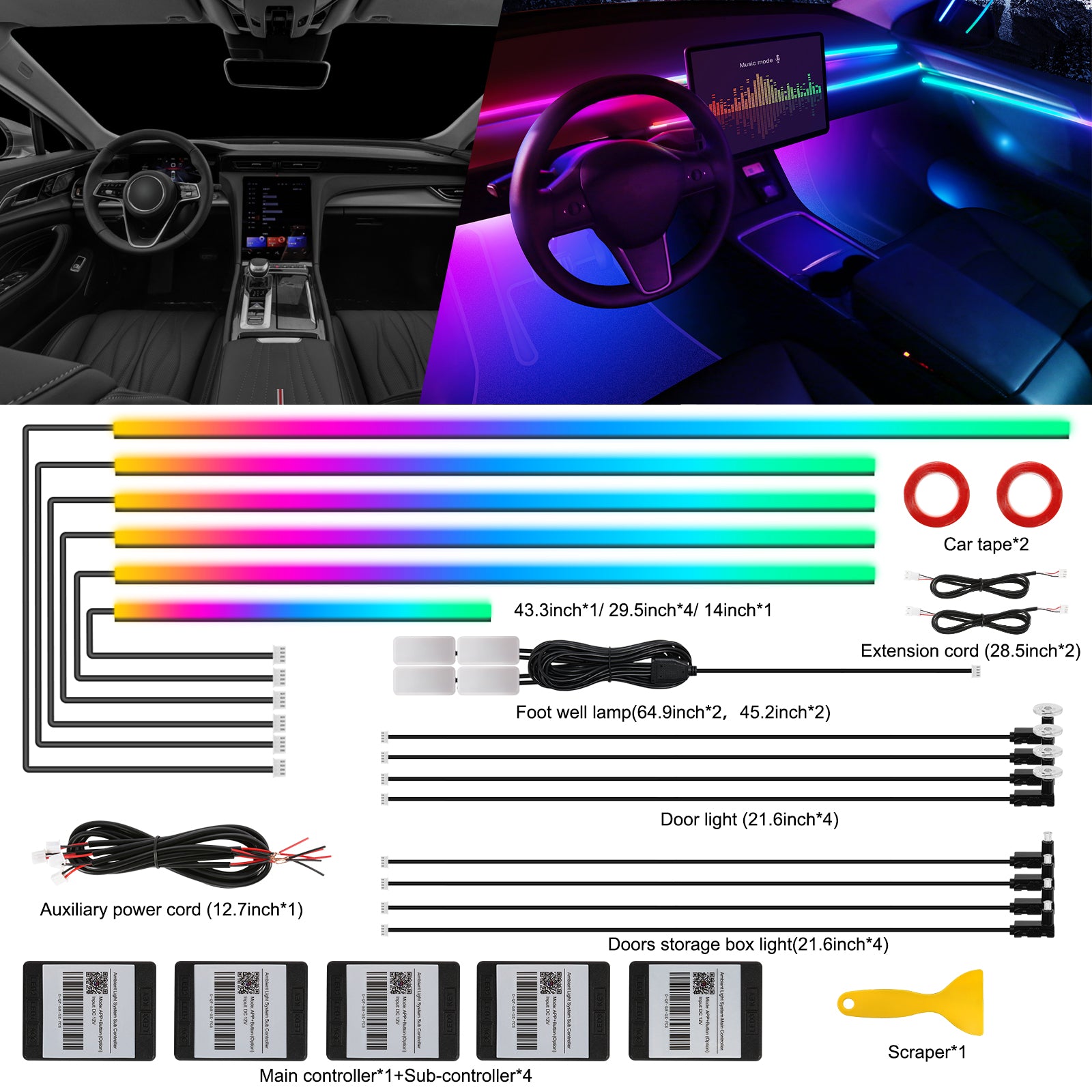 Dreamcolor Ruban LED à fibre optique avec application sans fil, RGB 18-en-1, 175 pouces, 593 LED et effet dynamique avec synchronisation musicale pour voiture