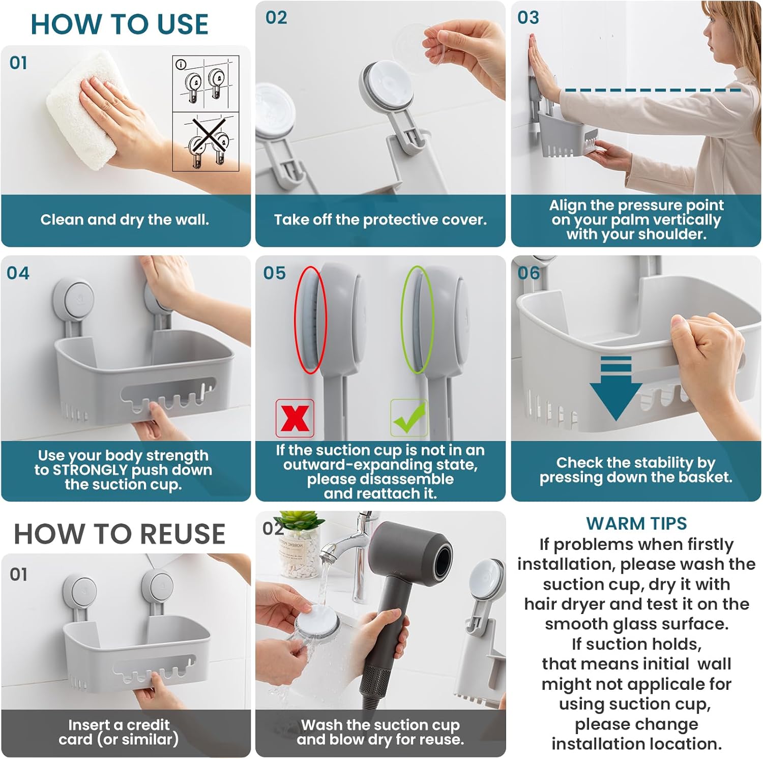 Taili Panier de douche à ventouse, Organiseur de salle de bain robuste, Étagères amovibles pour intérieur de douche, Support pour shampoing