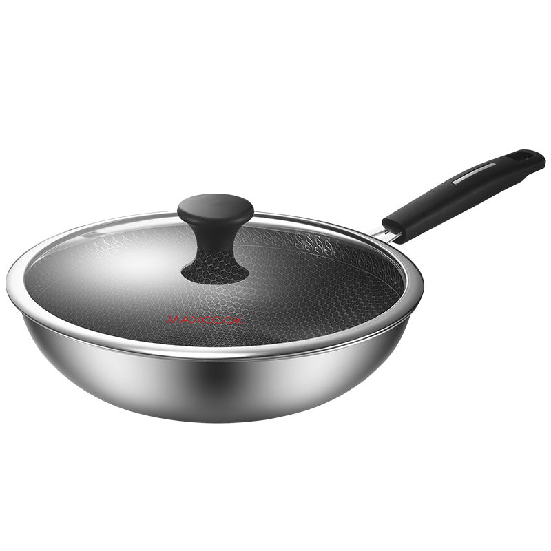 Maxcook Poêle wok 30 cm avec couvercle en verre trempé, intérieur en nid d'abeille antiadhésif en céramique, construction en acier inoxydable composite à 3 couches