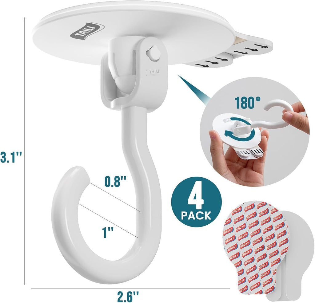 Taili Lot de 4 crochets adhésifs de plafond pour plantes suspendues, Robustes sans perçage amovibles, Crochets muraux adhésifs pour suspendre guirlandes lumineuses de Noël