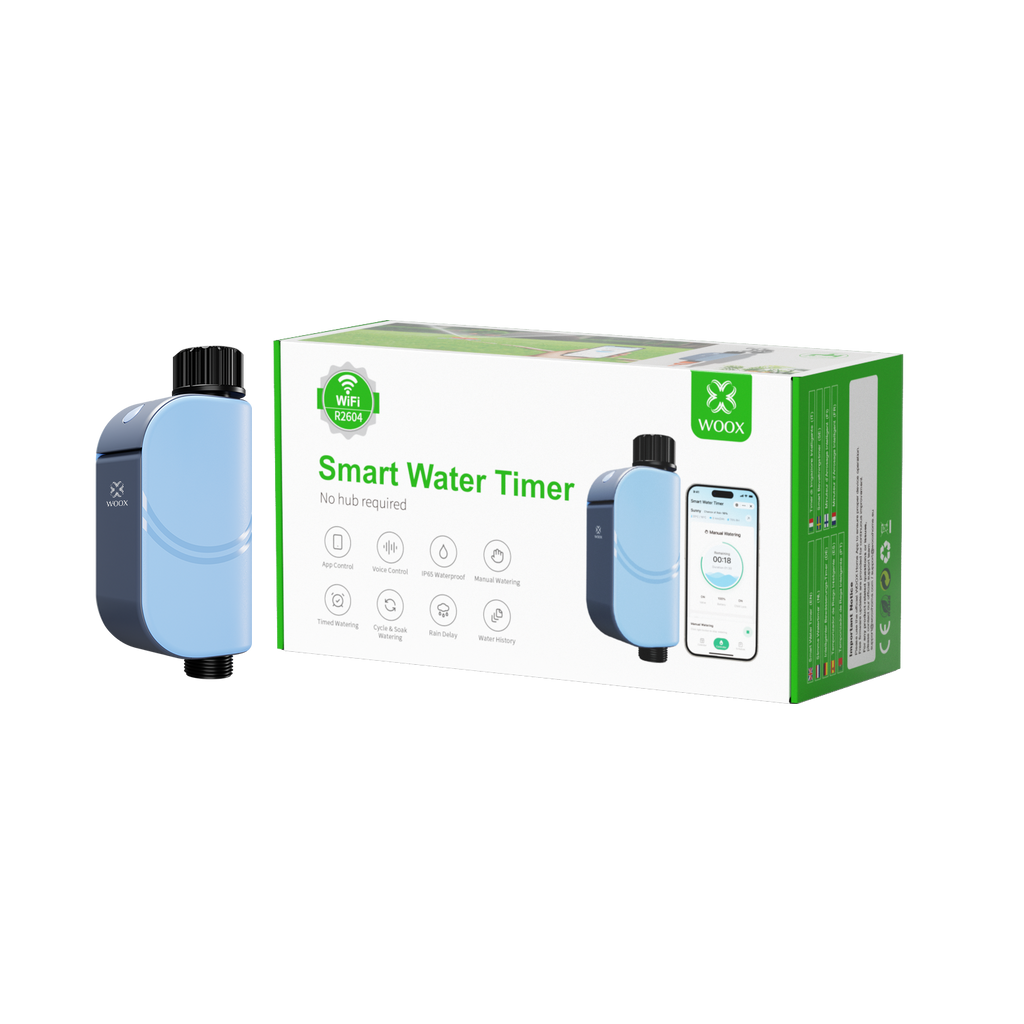 WOOX Minuteur d'arrosage intelligent R2604 Bleu WiFi 6 802.11ax 2,4 GHz BLE 5.4 IP65 Contrôleur d'irrigation extérieur pour jardin Valve à solénoïde bistable Piles 4xAA Autonomie de