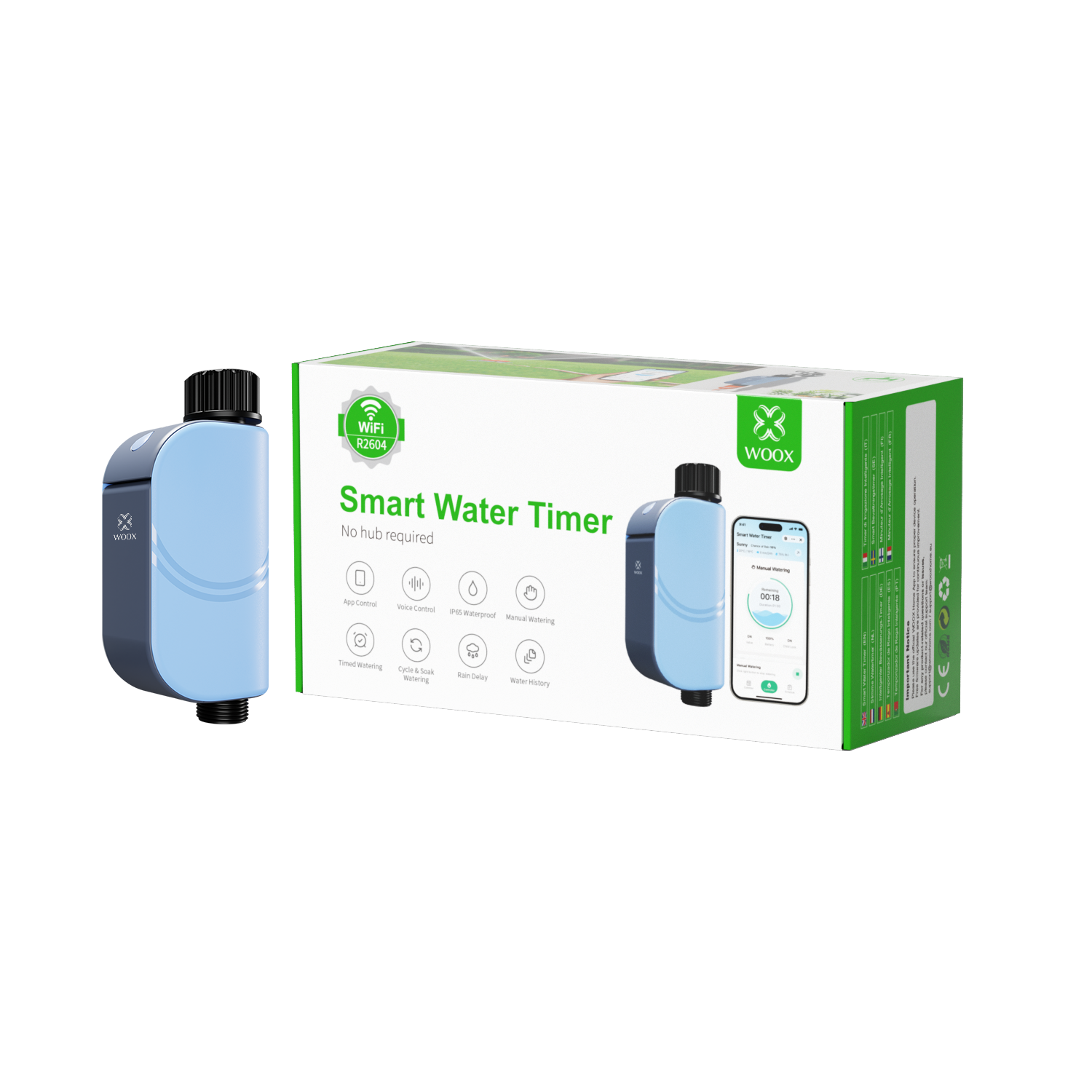 WOOX Minuteur d'arrosage intelligent R2604 Bleu WiFi 6 802.11ax 2,4 GHz BLE 5.4 IP65 Contrôleur d'irrigation extérieur pour jardin Valve à solénoïde bistable Piles 4xAA Autonomie de