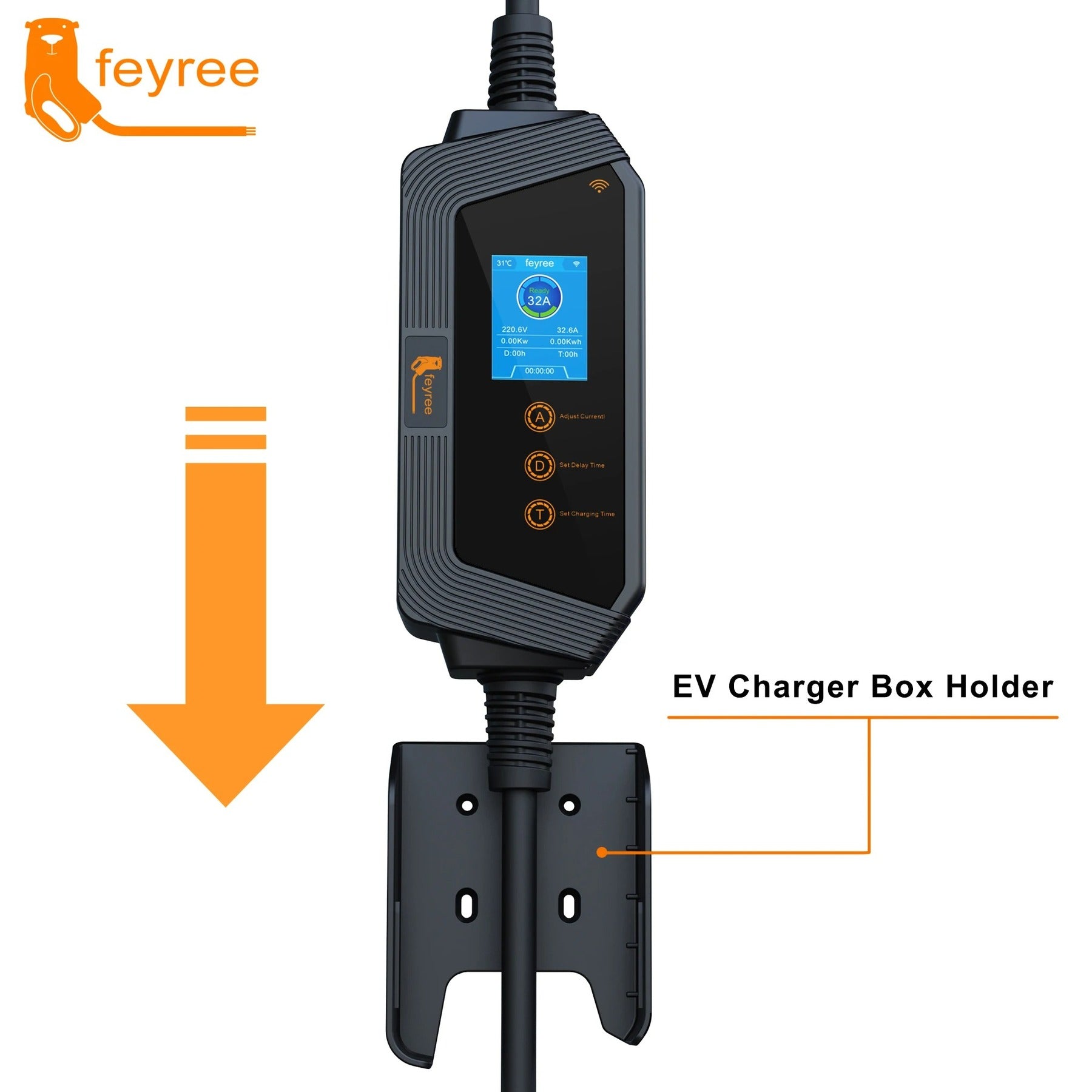 Feyree Chargeur pour véhicule électrique Type 2 32 A 7 kW, charge rapide, contrôle intelligent par application et Wi-Fi, boîtier de charge portable avec support pour chargeur de voiture électrique