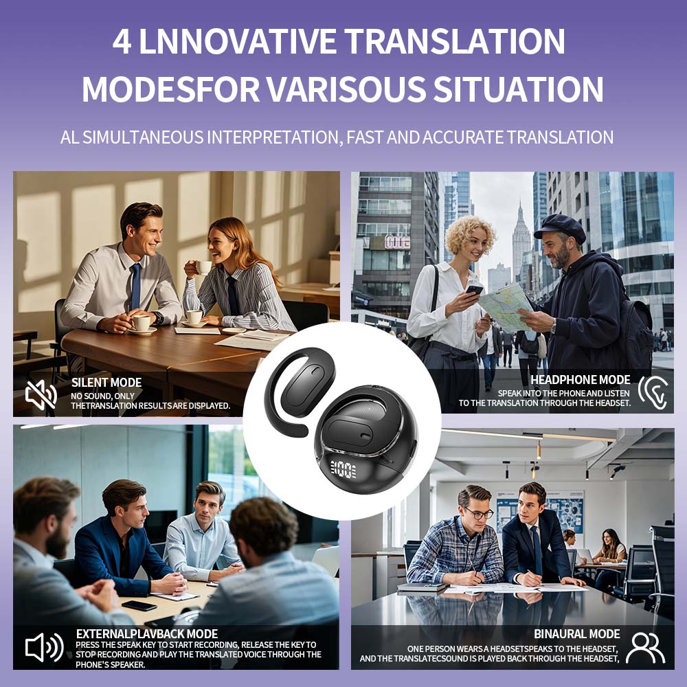 VoxorAI M112 Écouteurs Noir Écouteurs de sport Écouteurs de traduction IA Bluetooth Prise en charge traduction en temps réel 150 langues Adaptés aux études voyages et affaires