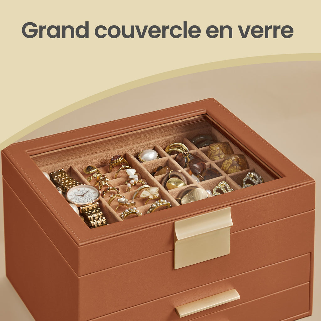 JOYFURNOS Boîte à Bijoux avec Couvercle en Verre, à 3 Niveaux, 2 Tiroirs, Marron et Doré