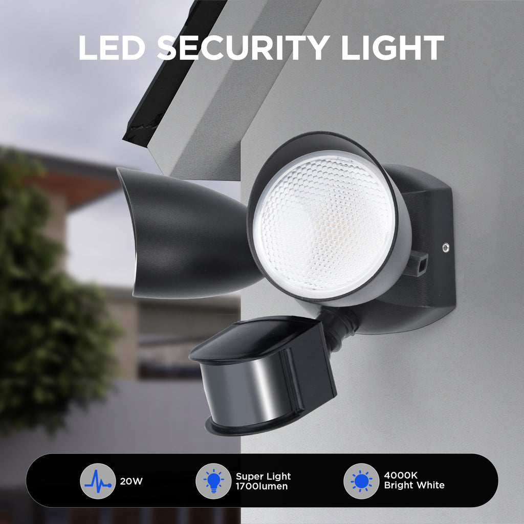 Projecteur de Sécurité LED LUTEC 20W 1700LM 4000K avec Capteur – Double Tête Intégrée pour Extérieur, Terrasse, Jardin, Cour – Noir