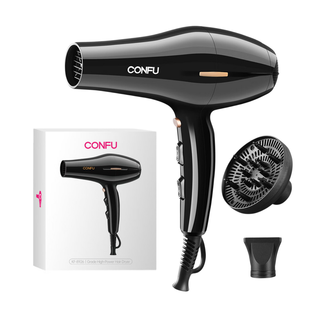 CONFU Sèche-cheveux haute vitesse 8926 Noir, 19 000 tr/min, puissance longue durée 2300 W, deux embouts d'air