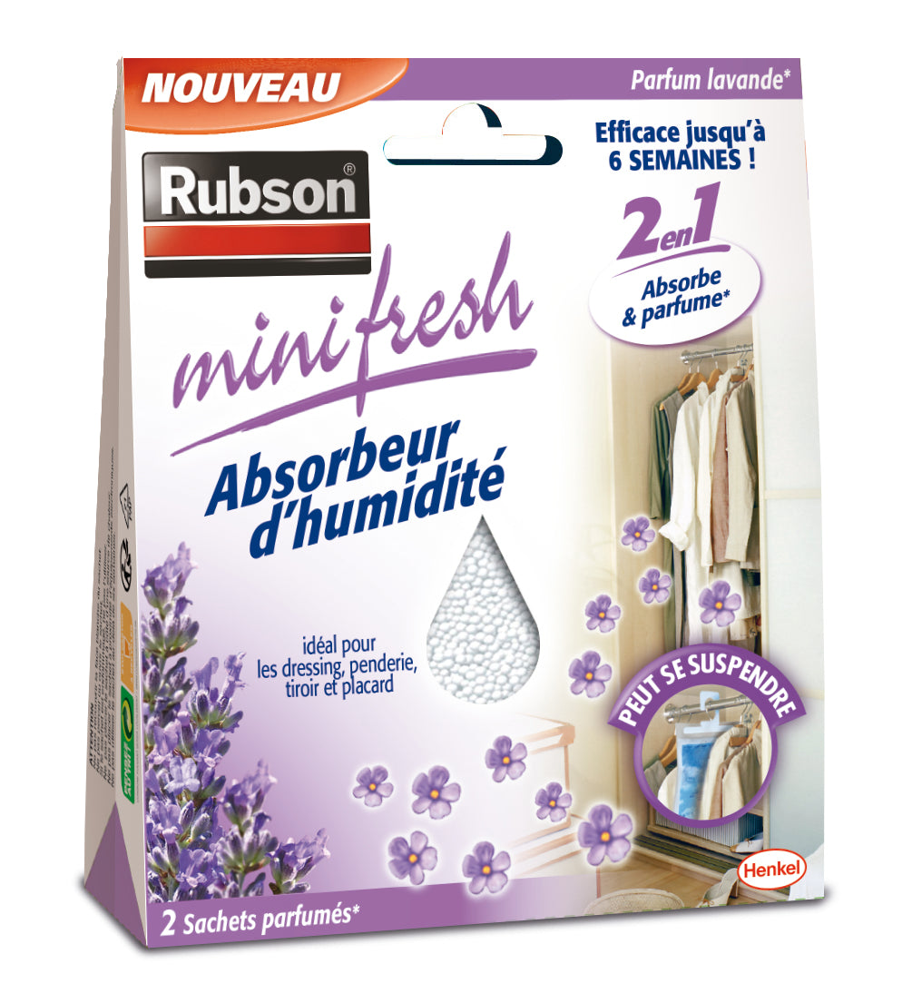 Henkel Rubson | Absorbeur d’Humidité Minifresh Parfum Lavande (2 sachets de 50 g) – Idéal pour dressing, penderie, tiroir et placard – Efficace jusqu'à 6 semaines