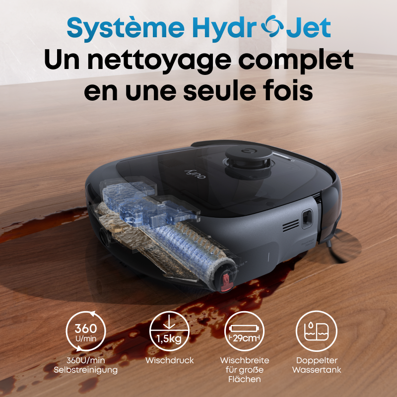 EUFY Robot aspirateur laveur 3-en-1 Omni E28, aspiration + lavage + nettoyage en profondeur portatif, aspiration de 20 000 Pa, HydroJet™ 360 fois/min, brosse anti-emmêlement, couverture de 180 m²