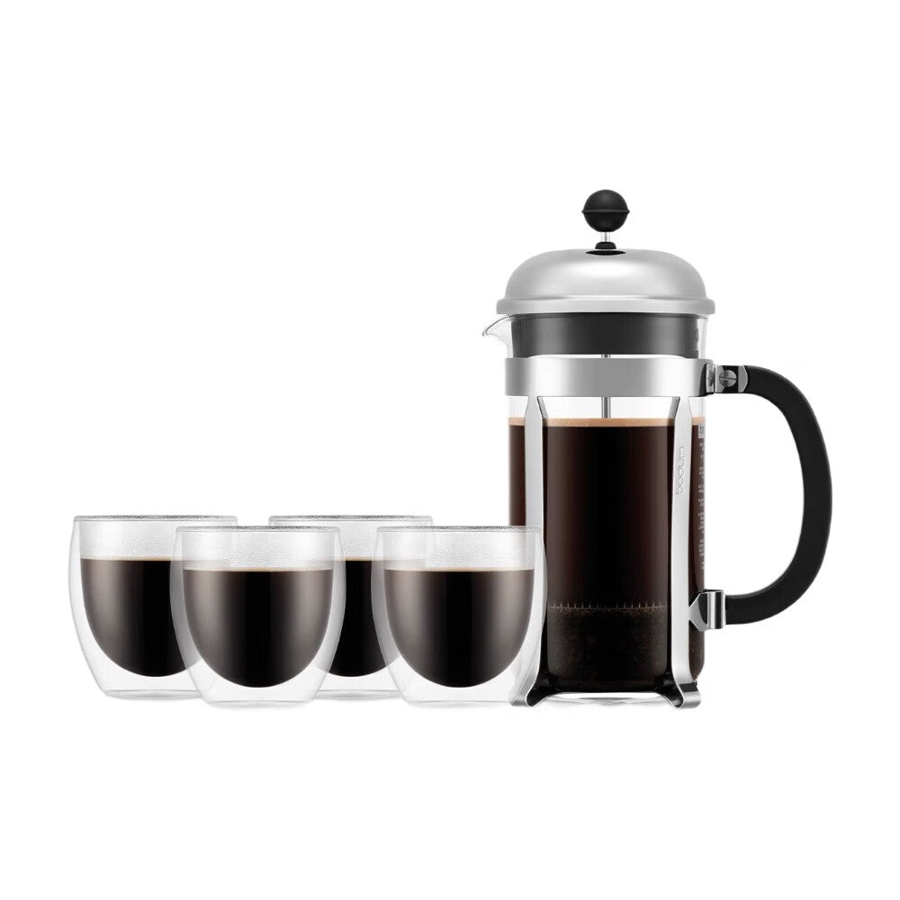Bodum Cafetière à piston CHAMBORD 1 L + 4 tasses PAVINA 250 ml