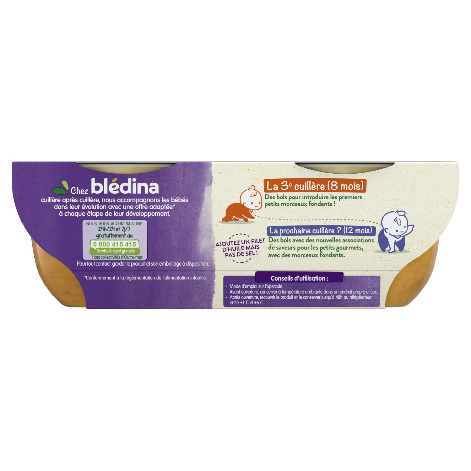 BLEDINA Blédiner Carotte Patate Douce Semoule Lait Repas Bébé Dîner Dès 8 Mois 2x200 g