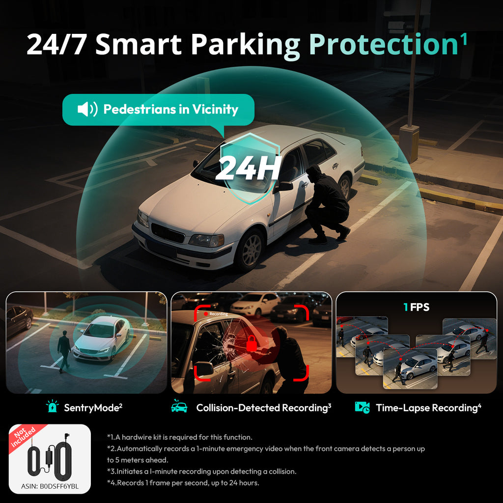 Botslab Dashcam 3K à 4 canaux, vision à 560° sur tous les côtés, caméra intérieure avant et arrière avec écran tactile de 3,18 pouces, mode parking 24h/24 et 7j/7, GPS intégré