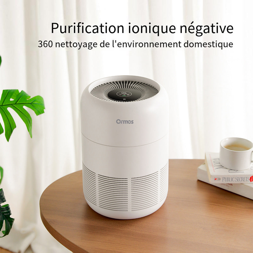 Ormos Purificateur d’air, CADR 150m³/h, Filtre HEPA H12 et charbon actif, capteur TVOC et PM2.5, pour chambre et salon