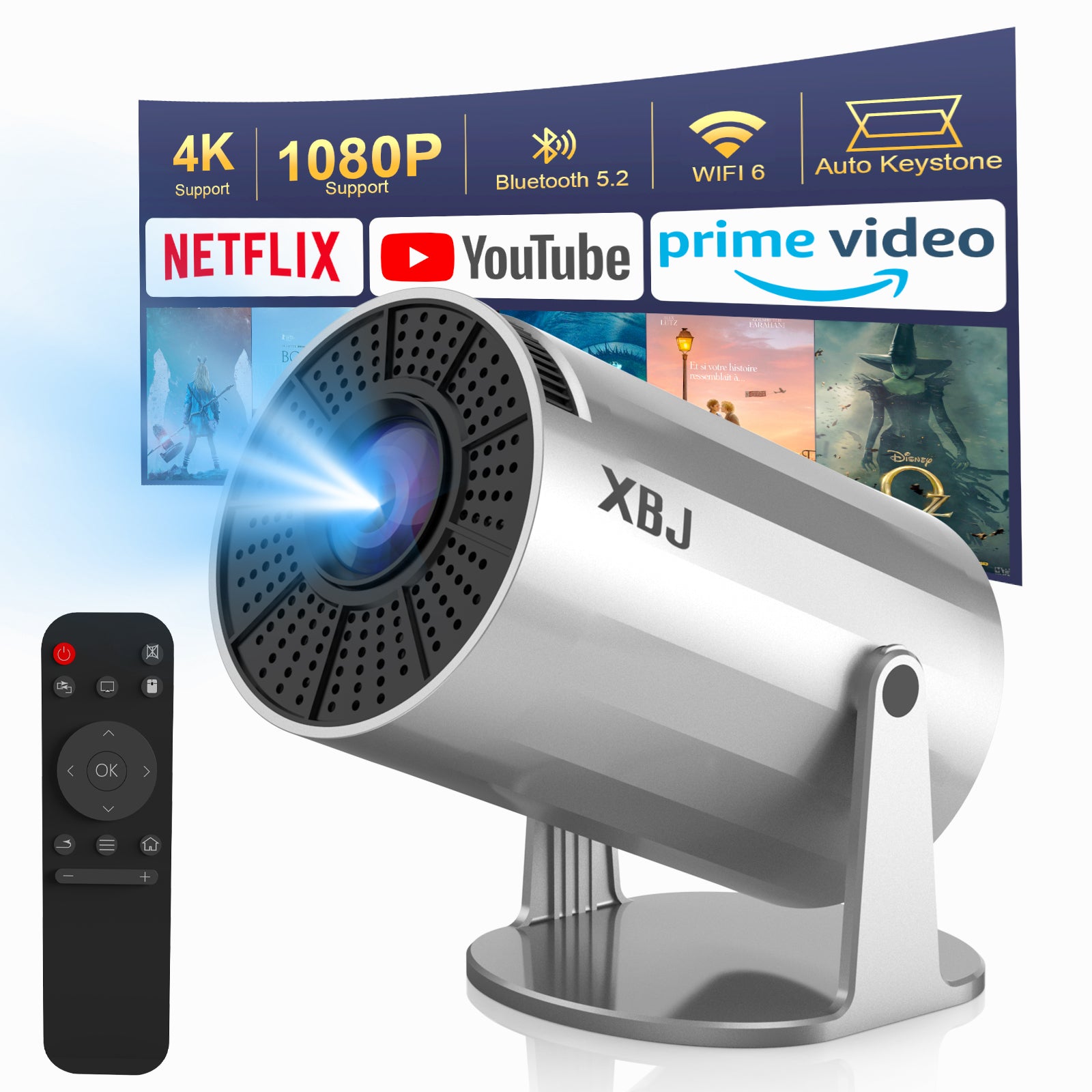 XBJ Projecteur portable argenté avec Wi-Fi 6 et Bluetooth 5,2, mini projecteur intelligent, HD 1080P (décodage 4K), système Android 11, correction trapézoïdale automatique + rotatif à 180°, 300 ANSI, écran 40-200 pouces pour chambre/intérieur/extérie