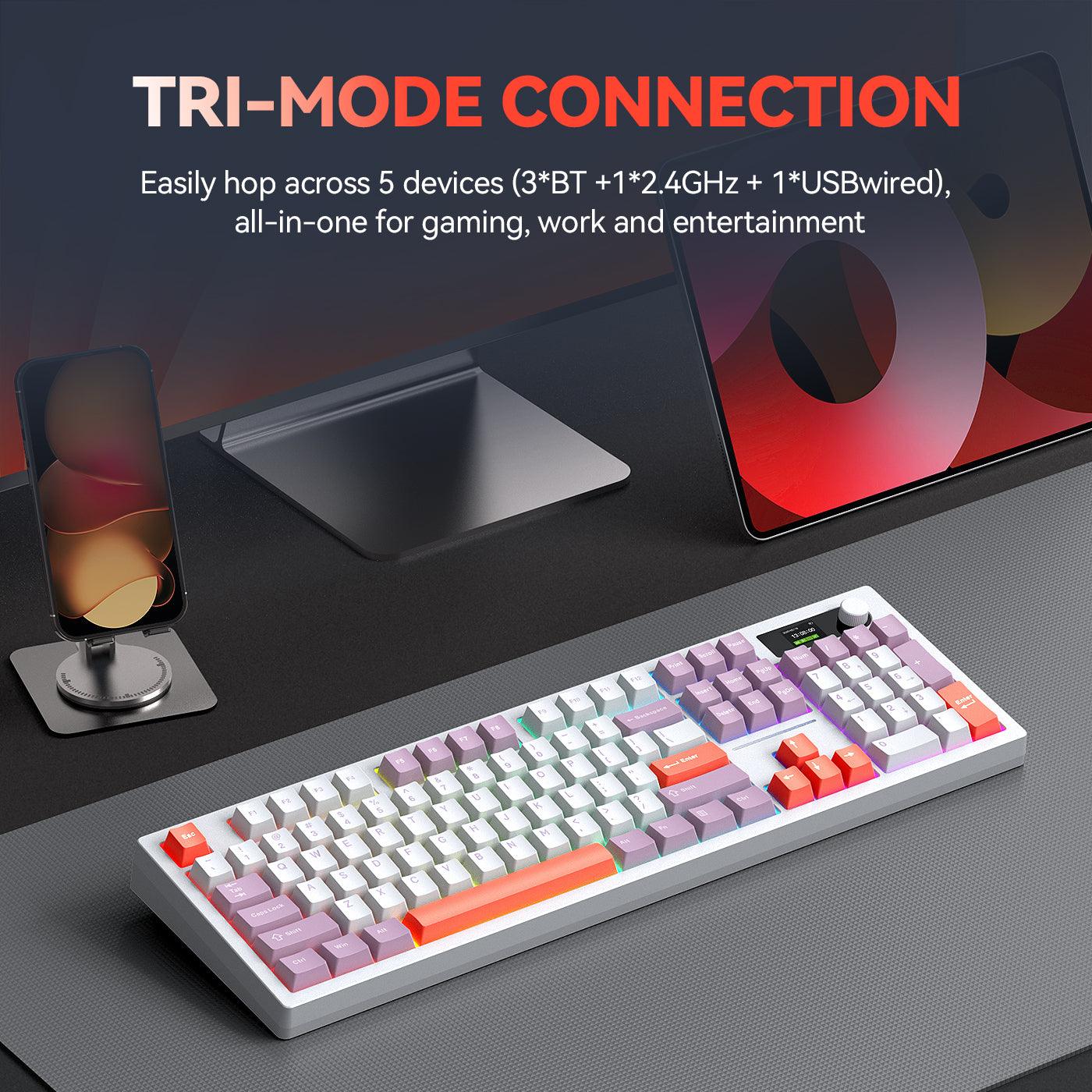 Siukie ACH105 Clavier mécanique 104 touches avec écran couleur, interrupteur détachable, 3 modes RGB, violet pastel et blanc