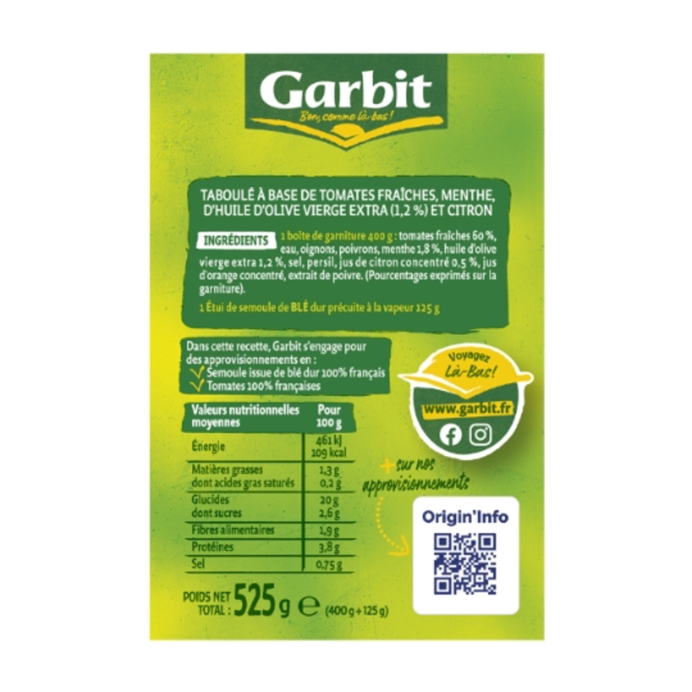 GARBIT Plat familial Taboulé aux Tomates la boîte de 525g