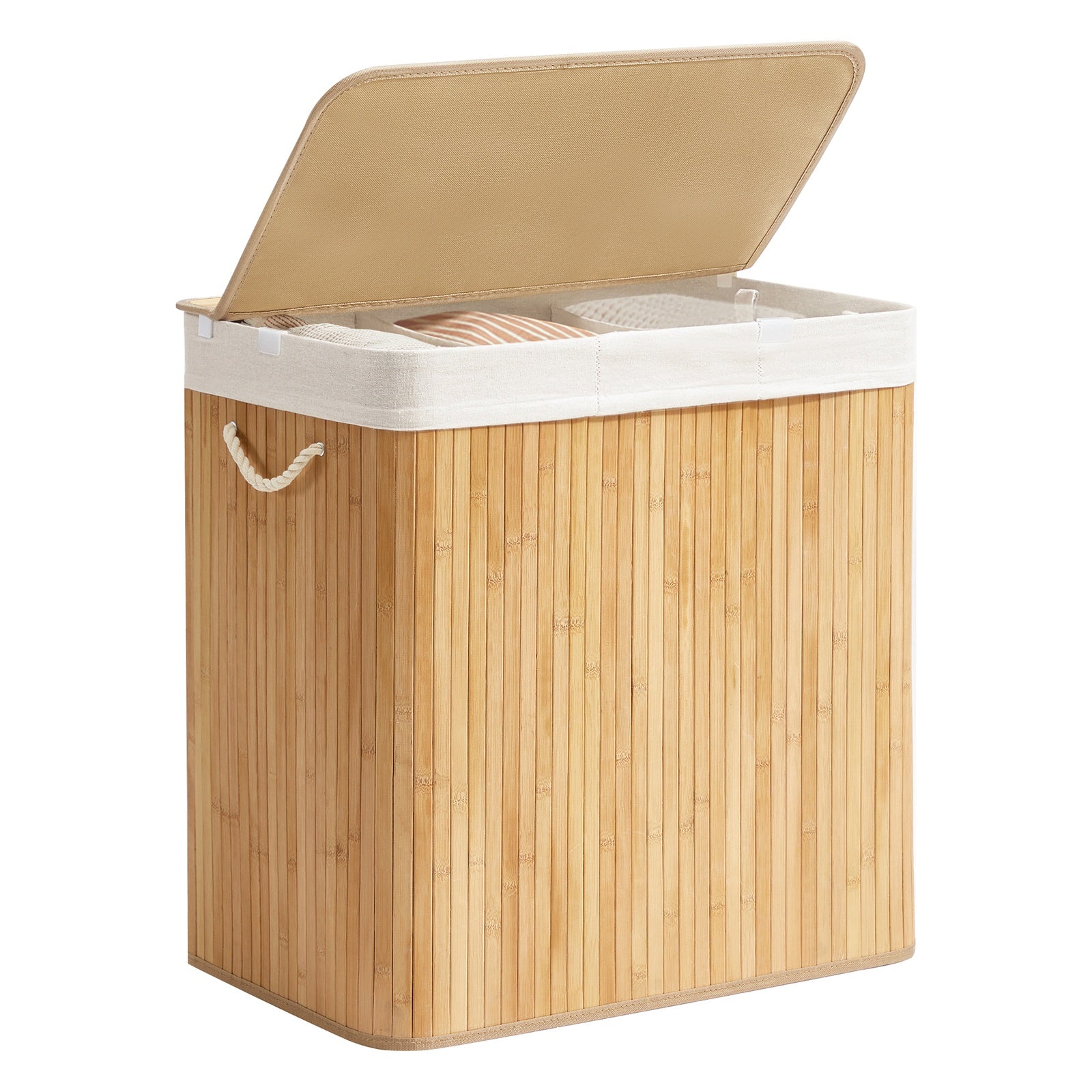 JOYFURNOS Grand Panier à Linge en Bambou, Panier à Linge Pliable à 3 Compartiments avec Couvercle, Sac Intérieur Amovible, Naturel