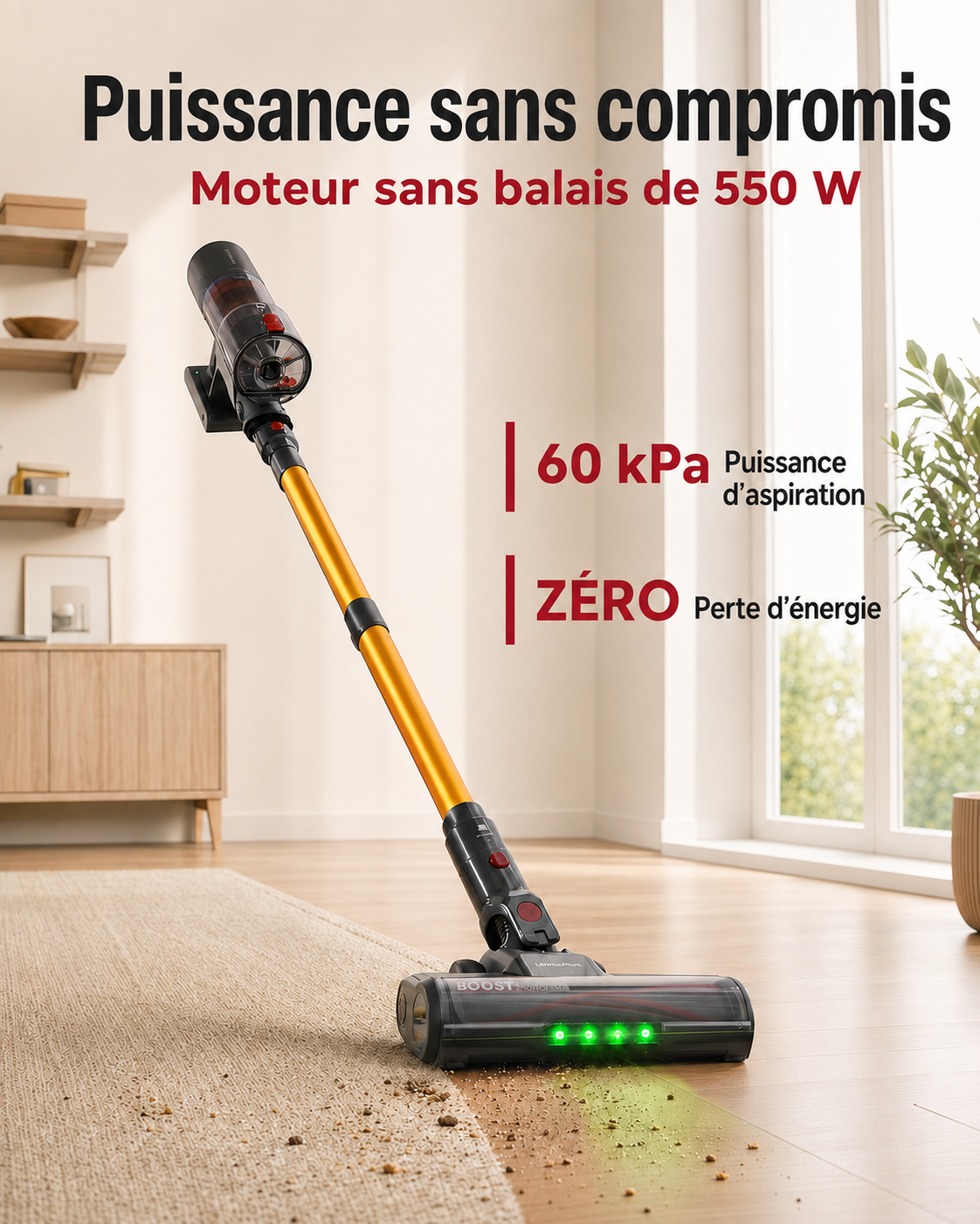 MONSGA X UNINELLHOME UV5 Aspirateur Sans Fil, Aspiration de 60 000 Pa, Brosse Anti-Emmêlement Extra-Épaisse, Gestion Intelligente de la Batterie par IA, Jusqu’à 65 Min d’Autonomie, Aspirateur Balai Autonome avec Écran Tactile LED pour Poils d’Animaux