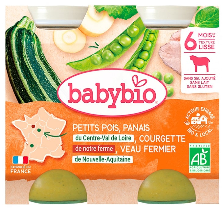BABYBIO Pot petits pois panais courgette veau 2x200g