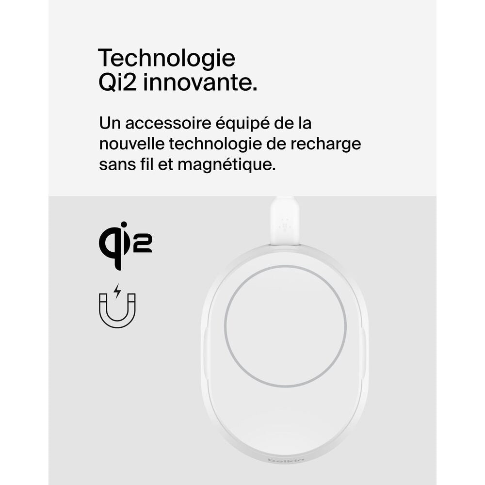 BELKINBOOST CHARGE Pro Qi2 Chargeur sans fil magnétique et pliable à induction 15 W compatible MagSafe pour iPhone 16/15/14 et AirPods, adaptateur secteur 20 W inclus - Blanc