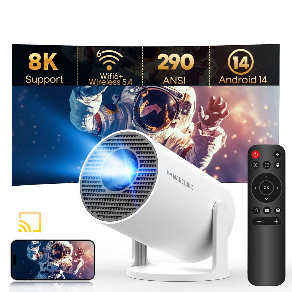 Magcubic Projecteur intelligent, prise en charge 4K, HD native 720p, 290 ANSI, Android 14, Wi-Fi 6 5 GHz, Bluetooth 5.4, rotation à 180° et correction trapézoïdale automatique, projecteur portable pour home cinéma, chambre et extérieur, compatible HD