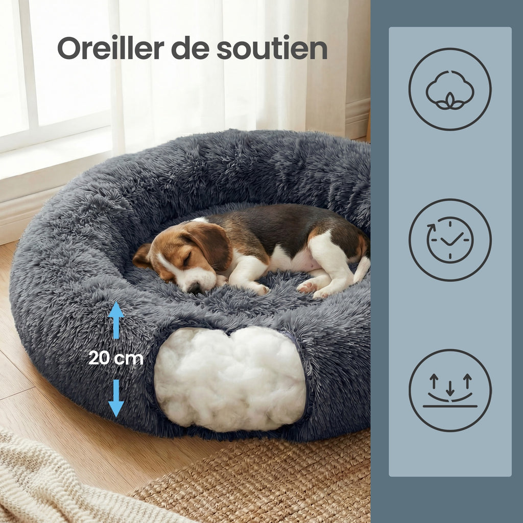 JOYFURNOS Lit pour cage pour chien JOYFURNOS en peluche et apaisant en forme de donut avec housse amovible et lavable, Gris foncé, 70 x 20 cm