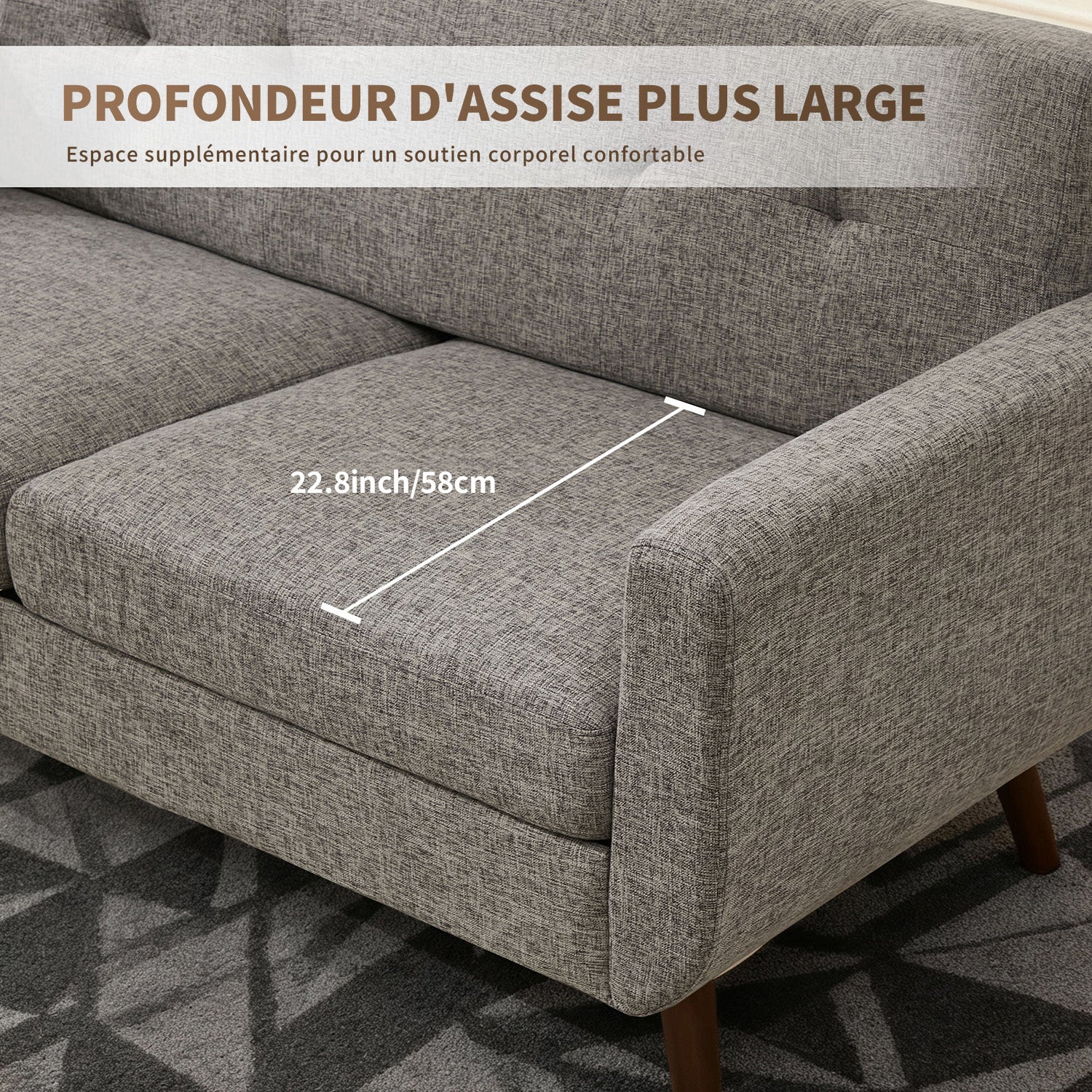 HONEYOU Canapé 165 cm, Canapés de coin pour décoration moderne du milieu du siècle pour salon, petit canapé rembourré capitonné à boutons pour chambre, meuble de coin solide et facile à installer, gris