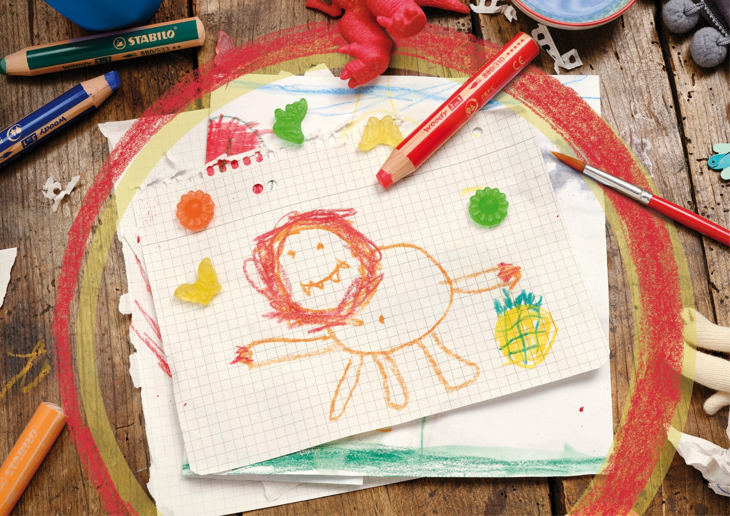 STABILO Woody Lot de crayons de couleur 3-en-1 - 6 couleurs pastel (Aquarelle et crayon de cire) avec taille-crayon