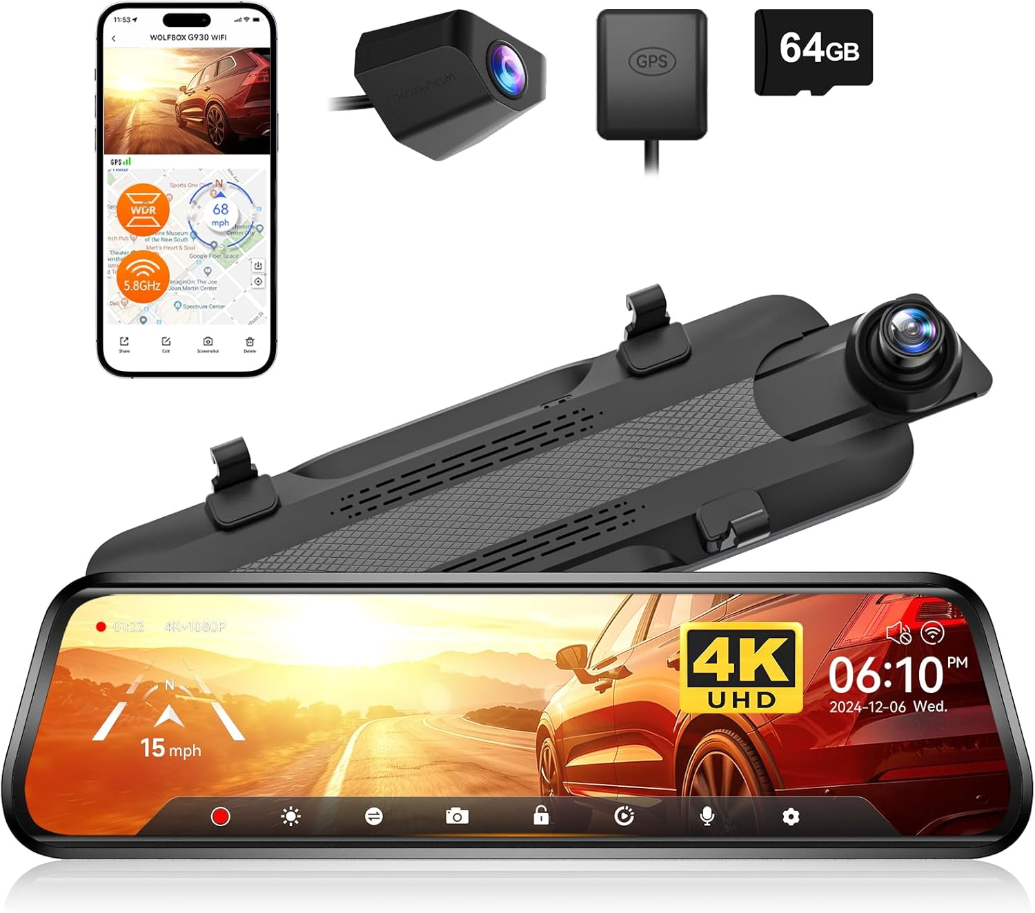 WOLFBOX G930 Caméra rétroviseur 10'' avec WiFi 5,8 GHz, Dashcam 4K avant et arrière avec WDR, Rétroviseur à écran tactile caméra de recul, Moniteur de stationnement