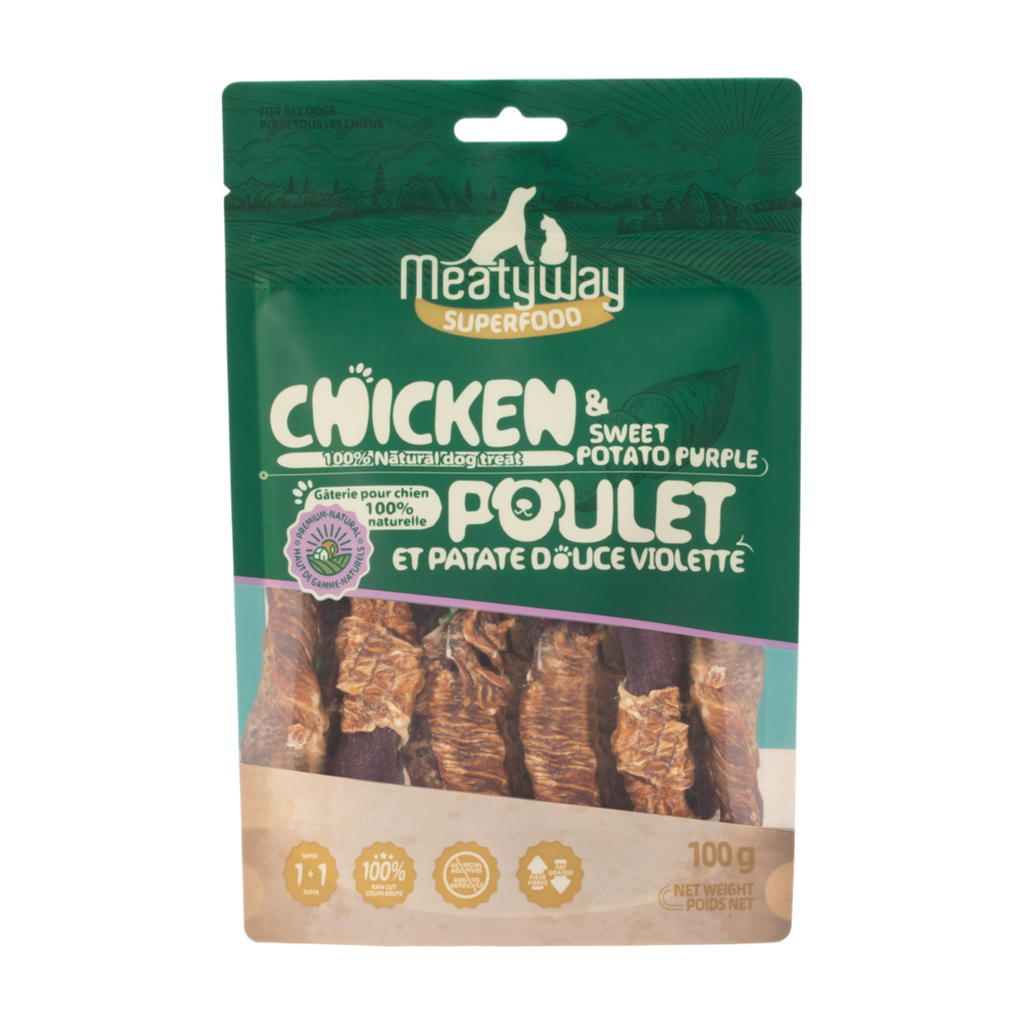 MeatyWay Friandises pour chien au poulet et à la patate douce violette - 100 g