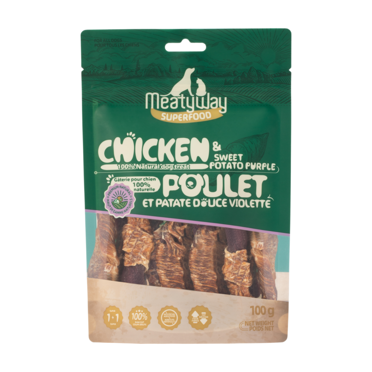 MeatyWay Friandises pour chien au poulet et à la patate douce violette - 100 g