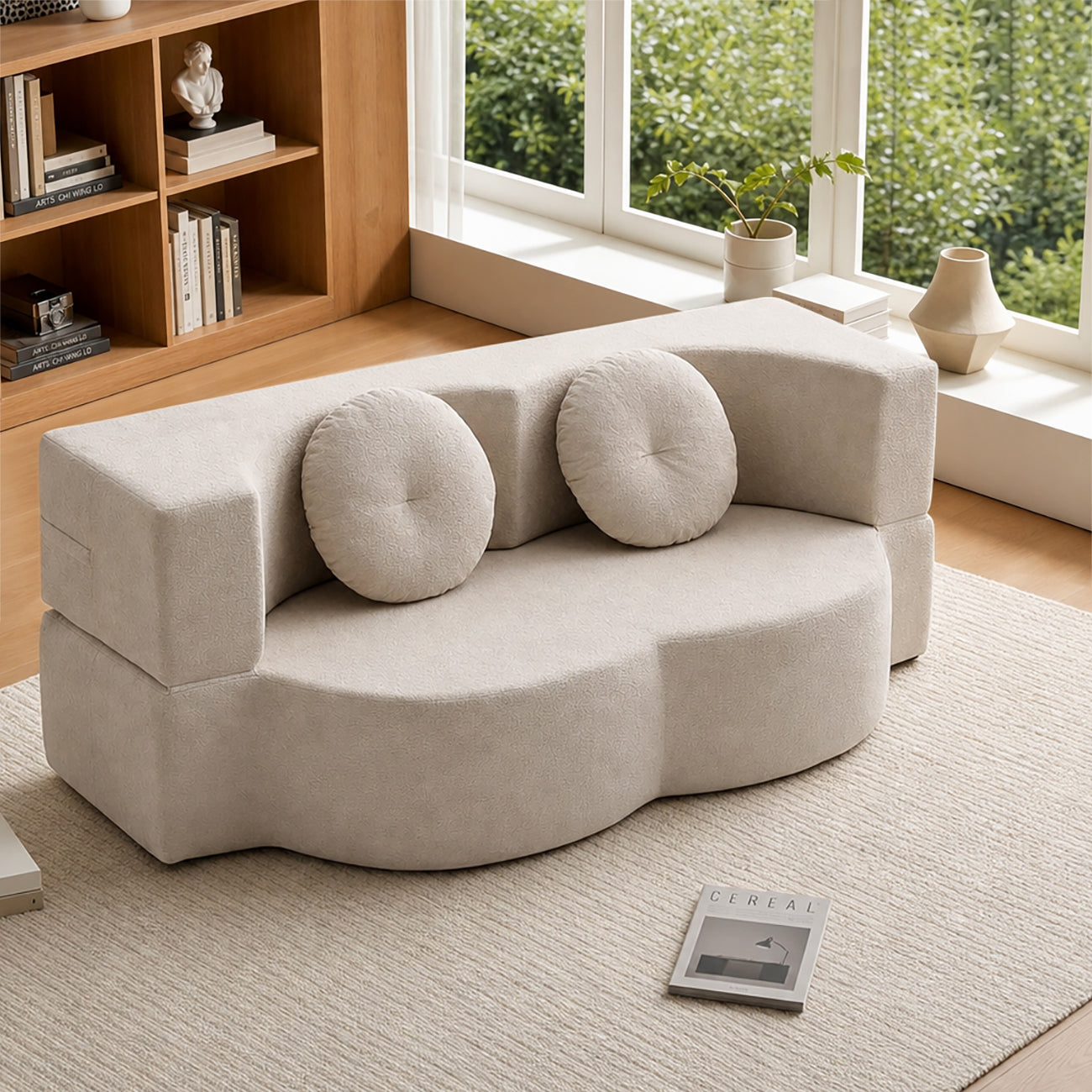 Canapé-lit 2 places avec accoudoirs larges, 2 coussins et mousse haute densité, pour salon, blanc