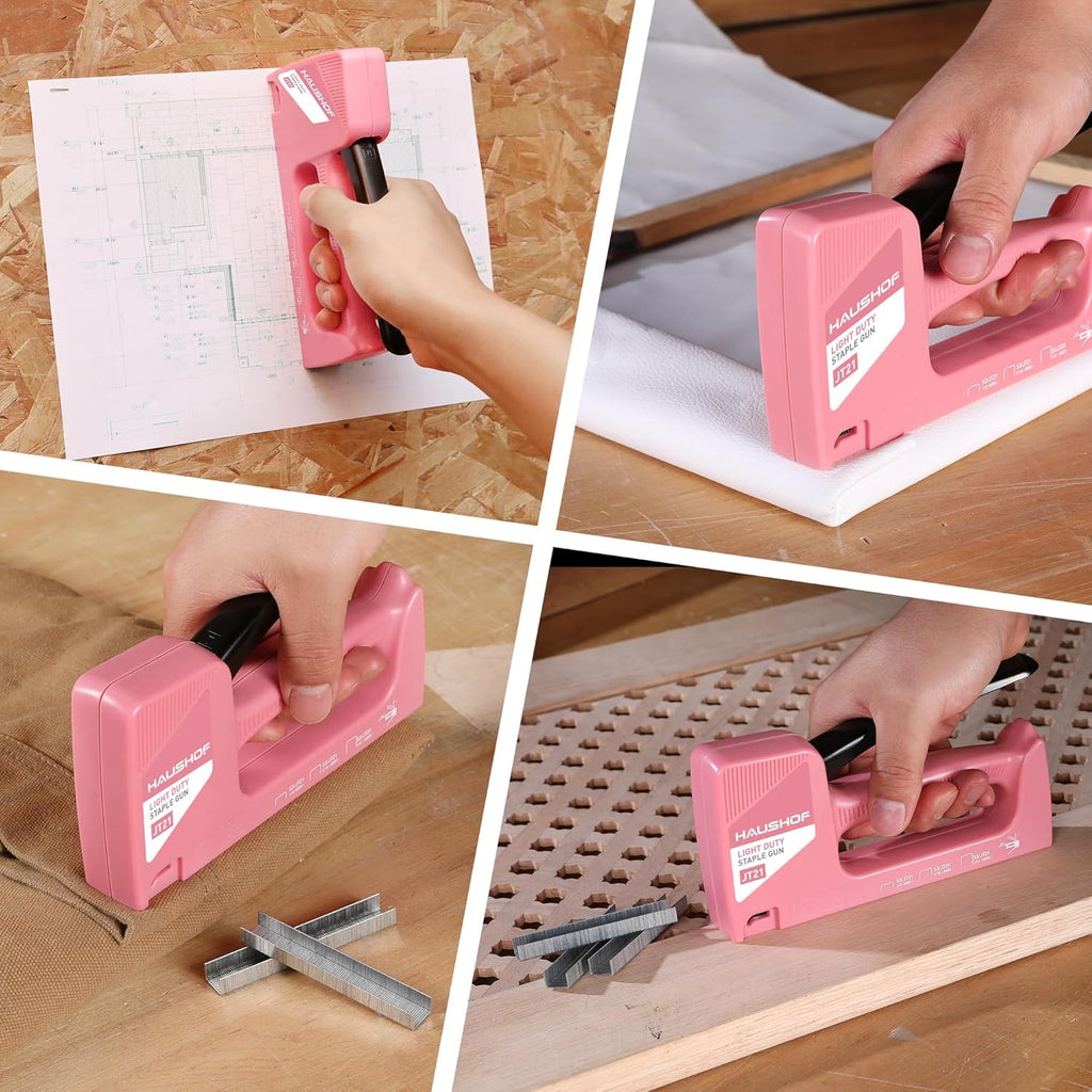 HAUSHOF Agrafeuse manuelle rose pour tapisserie, agrafeuse à bois pour agrafes type 53, avec 800 agrafes 8 mm et extracteur d'agrafes pour bois, tissu, meubles