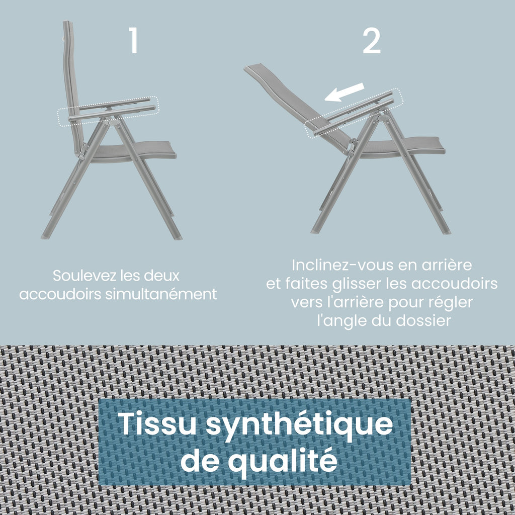 JOYFURNOS Lot de 2 Chaises de Jardin Pliantes, Chaises d’Extérieur avec Structure en Aluminium Résistante, Dossier Inclinable à 8 Positions, Capacité Max. 150 kg par Chaise, Gris