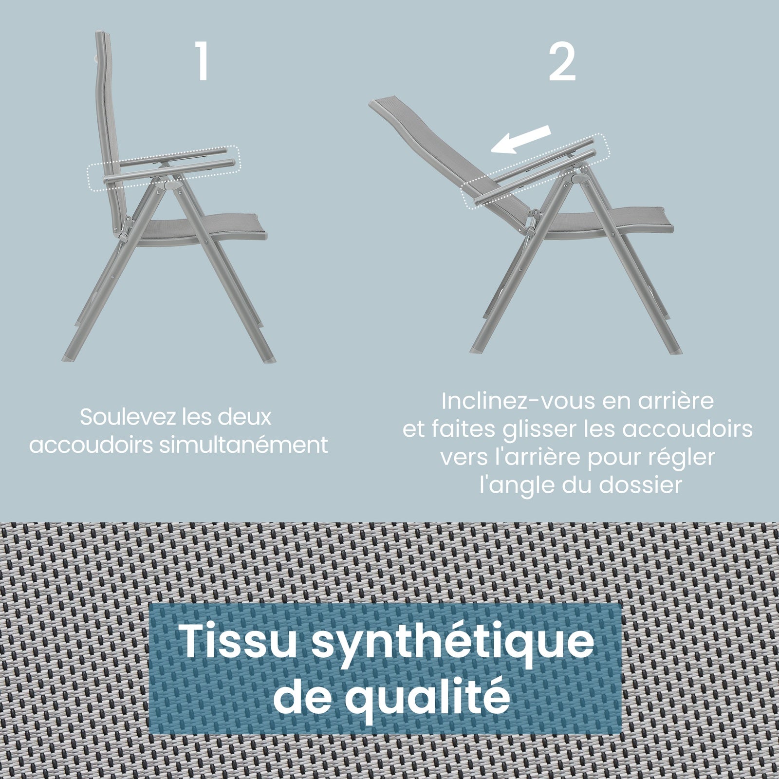 JOYFURNOS Lot de 2 Chaises de Jardin Pliantes, Chaises d’Extérieur avec Structure en Aluminium Résistante, Dossier Inclinable à 8 Positions, Capacité Max. 150 kg par Chaise, Gris