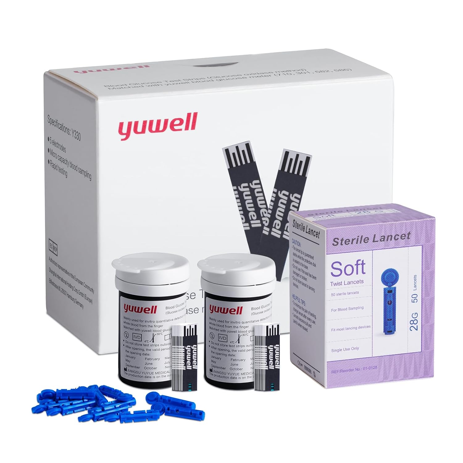 yuwell Bandelettes de Test de Glycémie et Aiguilles pour Modèle 710 Uniquement x 50 pcs