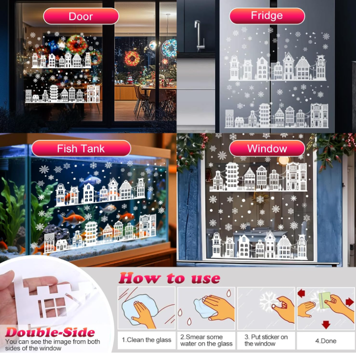 JU7CER 9 autocollants de décoration de fenêtre de Noël double face, autocollants de neige électrostatiques en PVC réutilisables, motif de maison de neige blanc