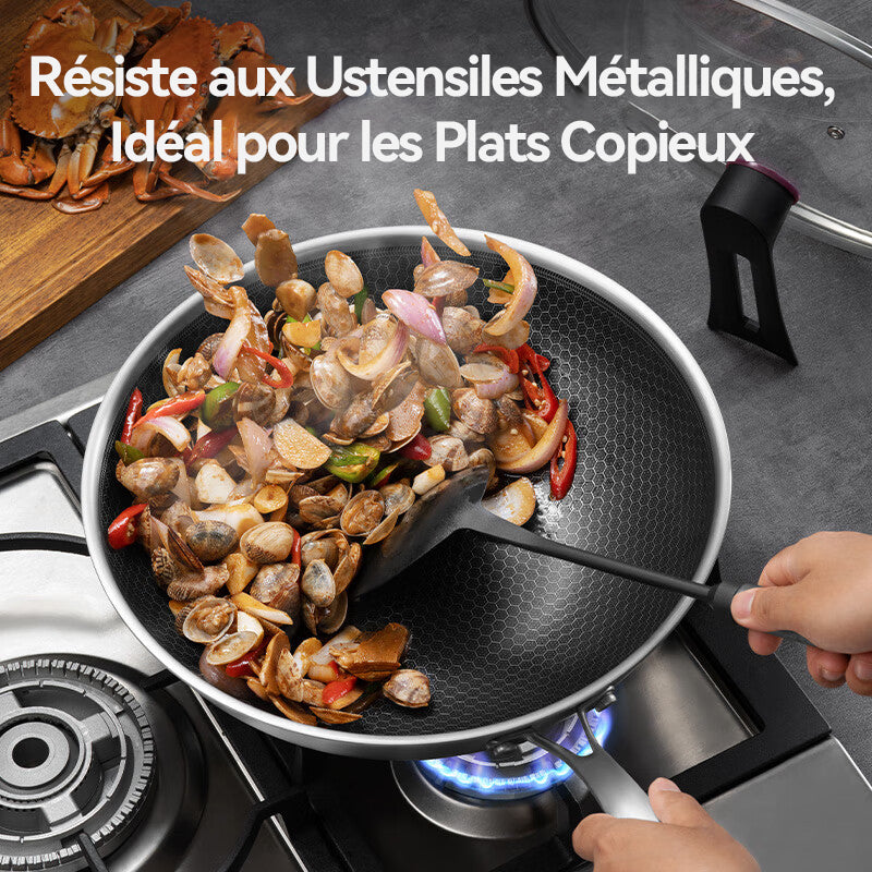 Ochama Wok Antiadhésif -30 cm, Revêtement Nid d'Abeille, Design Anti-éclaboussures, Compatible Gaz, Induction et Vitrocéramique, Couvercle Inclus