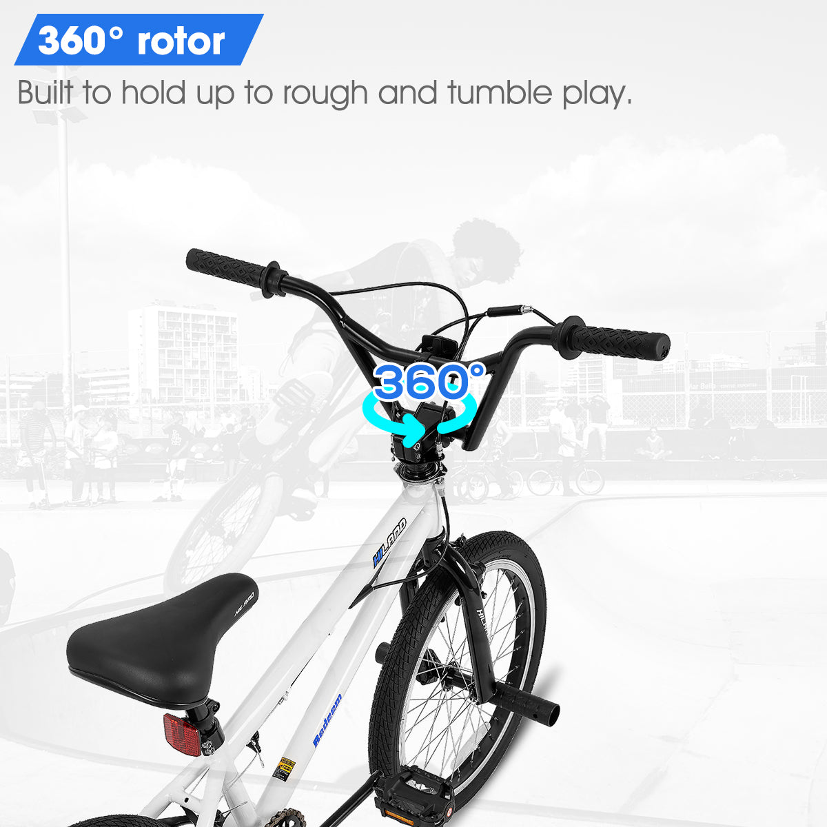 Hiland Redeem Vélo BMX 20" Pour enfants et adolescents Freestyle Débutant à avancé Avec rotor 360 degrés et 4 repose-pieds Blanc