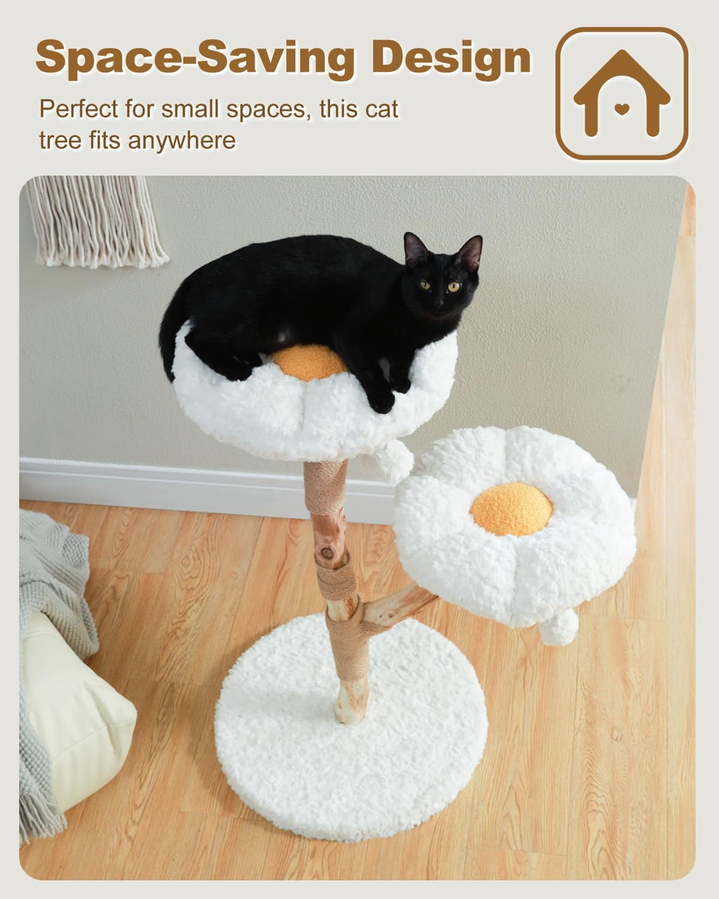 PAWZ Road Arbre à chat fleuri en bois et griffoir 50 cm Bois naturel Blanc nuage