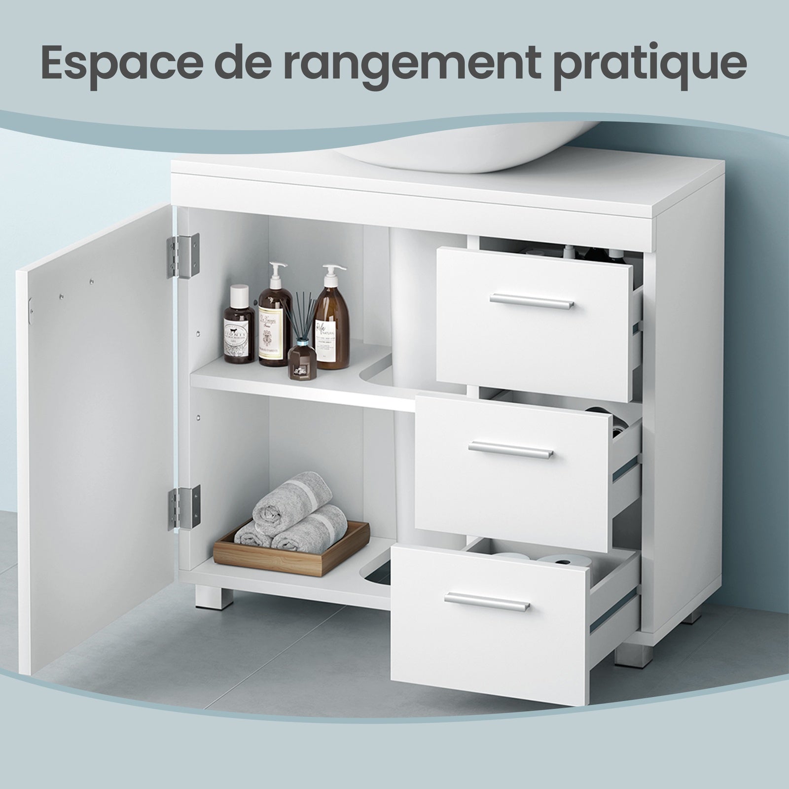 JOYFURNOS Armoire sous lavabo pour salle de bain, Blanc Mat, 30 x 70 x 63,8 cm – meuble de rangement avec pieds, 3 tiroirs et 2 compartiments derrière la porte, pour lavabos avec socle