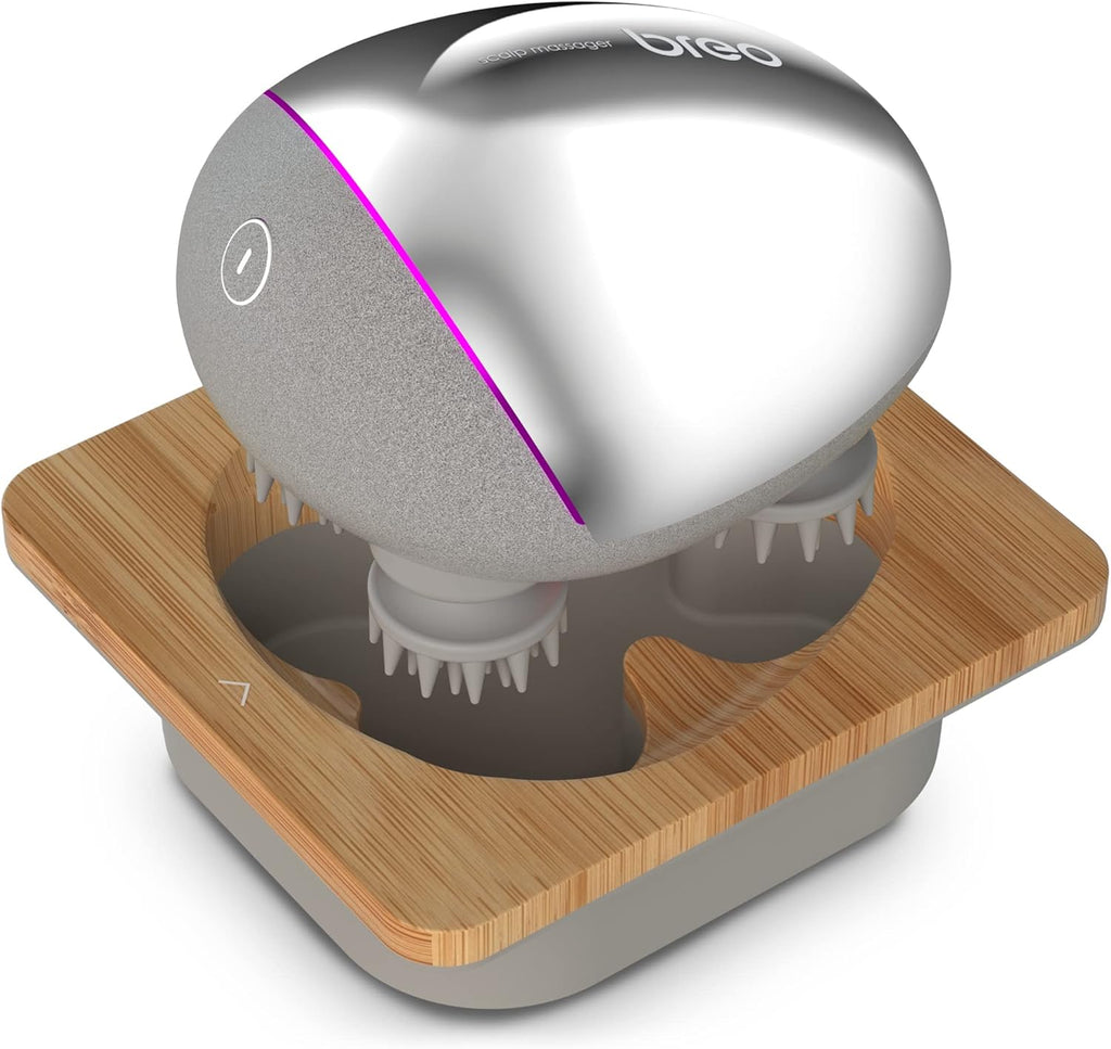 Breo Scalp Mini Masseur de cuir chevelu portable IPX7 étanche et rechargeable, avec base de charge en bambou et nodules de massage amovibles - Argent