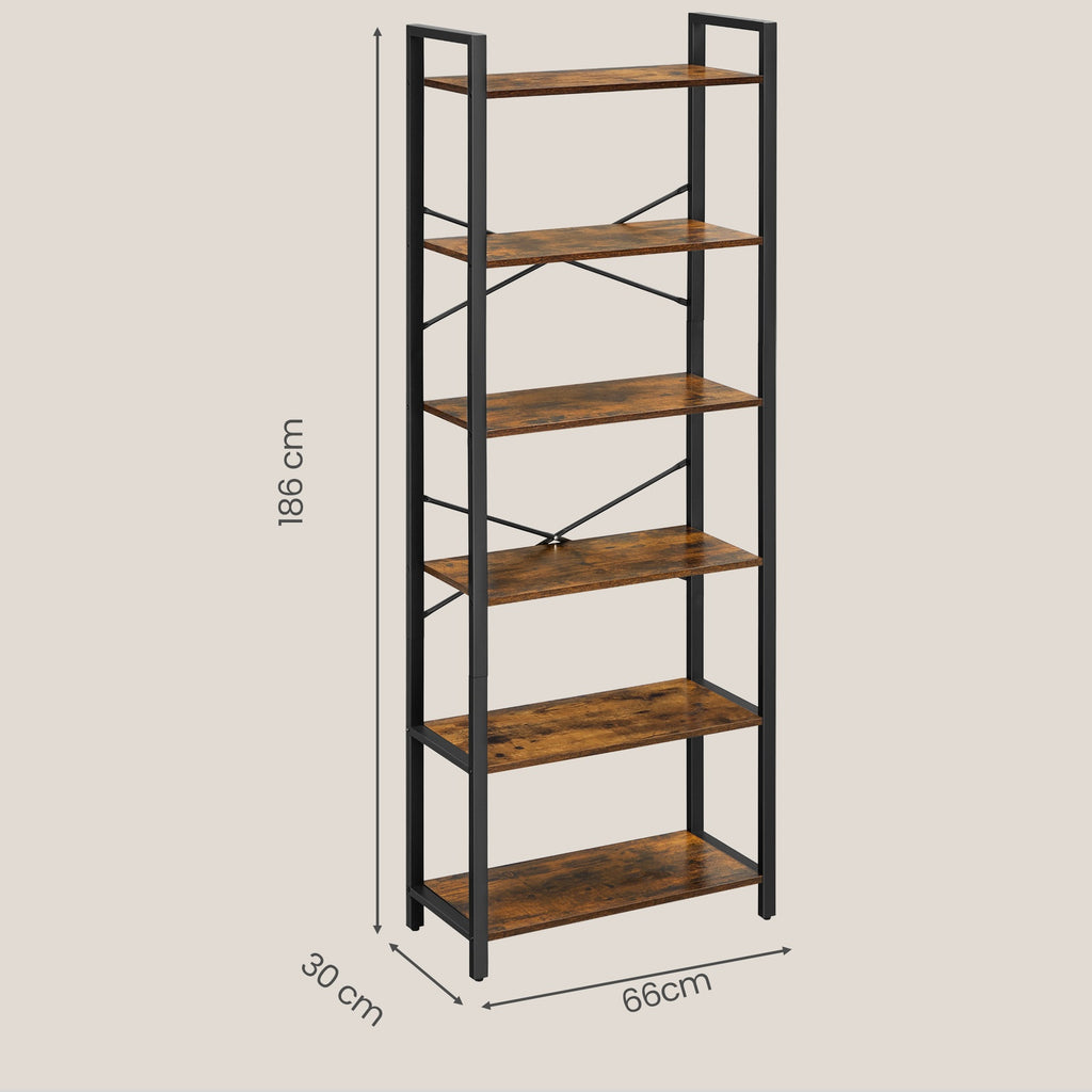 JOYFURNOS Bibliothèque 6 niveaux, ?tagère de rangement, Bureau, Salle d’étude, Salon, Chambre, 30 x 66 x 186 cm, Style industriel, Grège et Noir