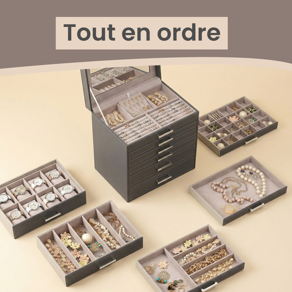 JOYFURNOS Boîte à Bijoux 6 Niveaux, Écrin à Accessoires, avec Grand Miroir, 5 Tiroirs, Rangement pour Bijoux, Moderne, Gris